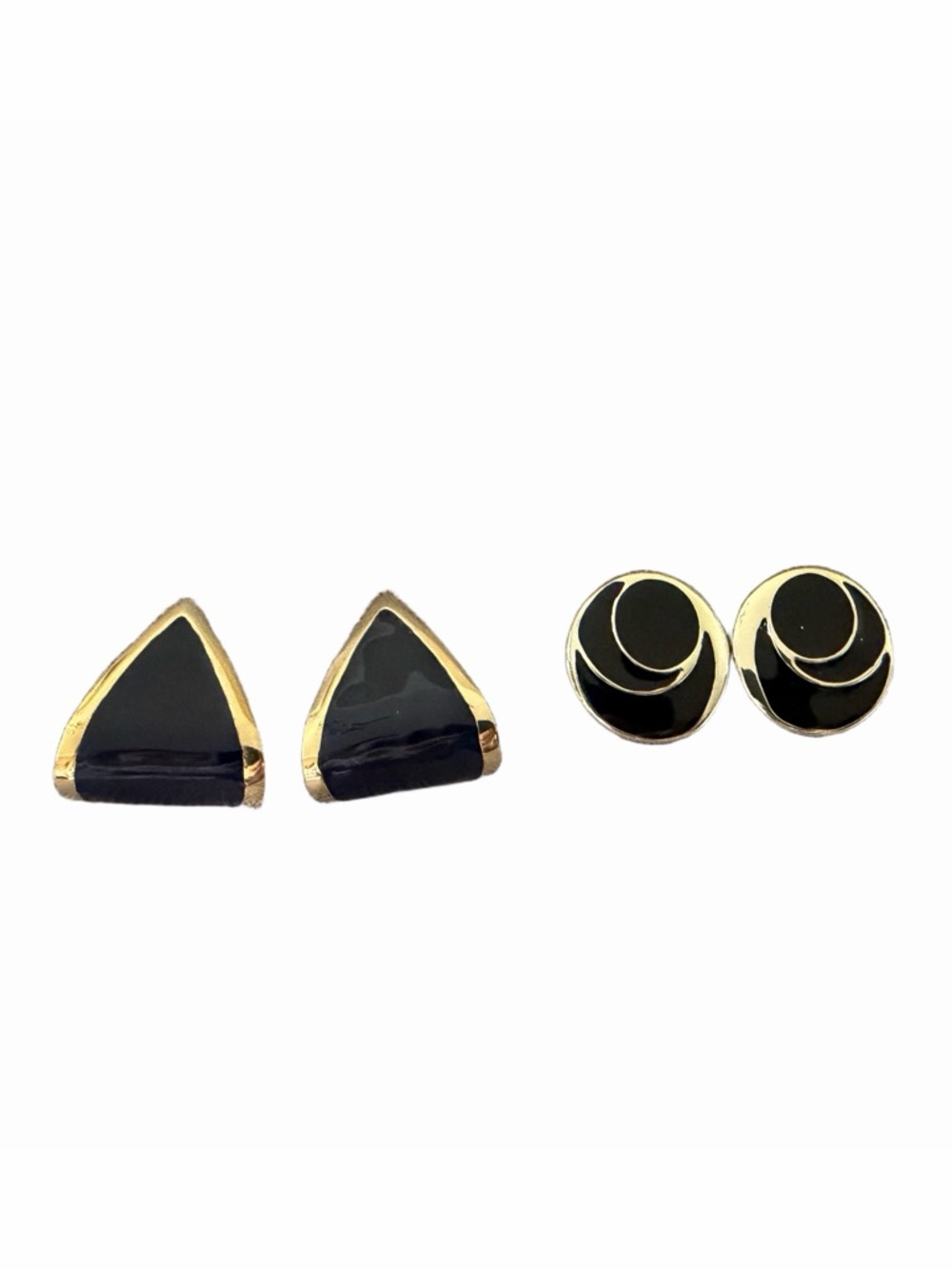 Vintage Gold Tone Black Enamel Pierced  Earrings Set Geometric & Swirl